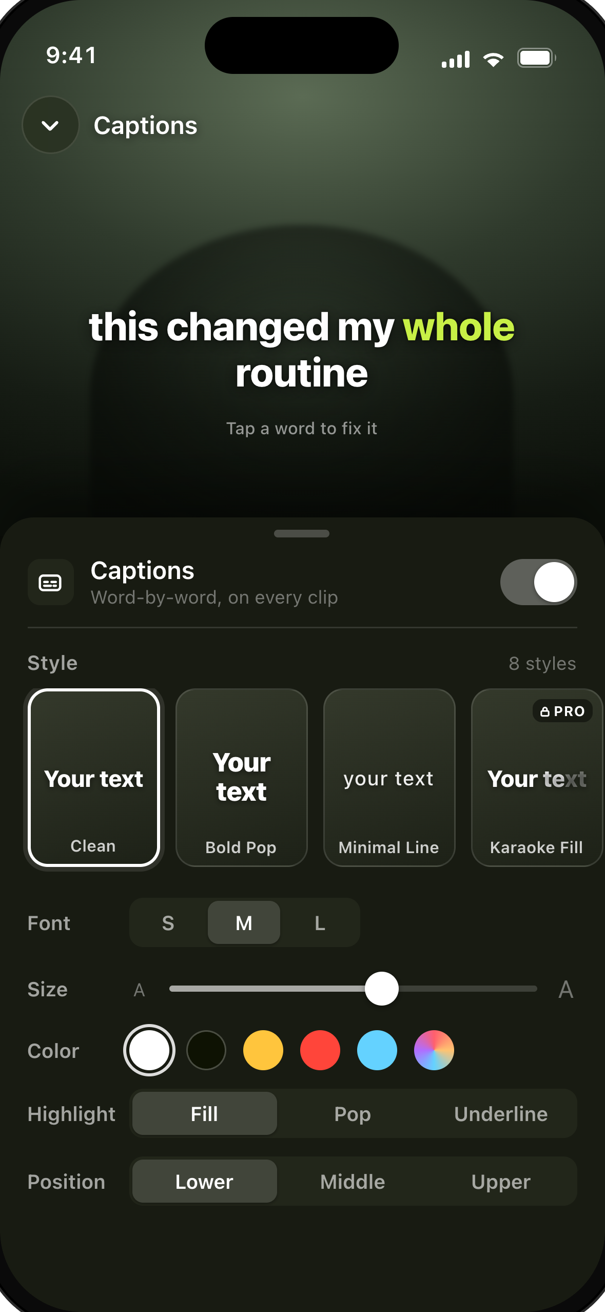 UGCut captions screen showing word-by-word captions over a vertical video