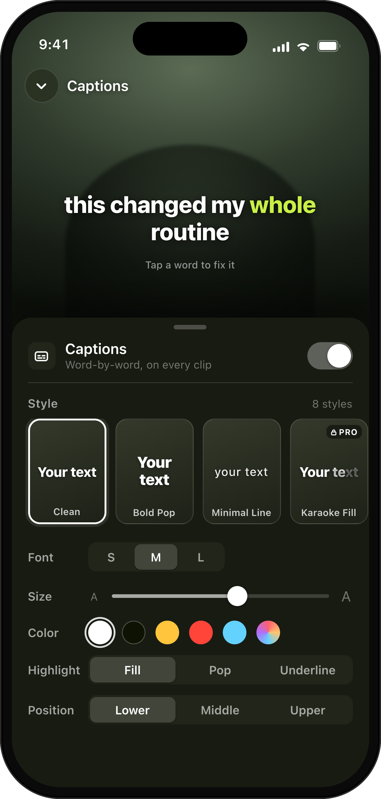 UGCut caption editor: word-by-word active-word highlight with 8 styles, 3 free.
