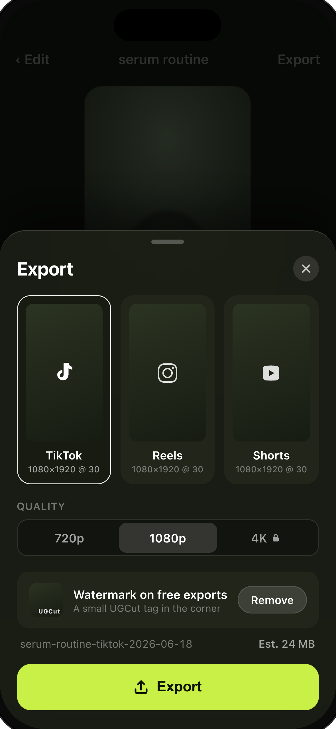 UGCut export screen showing a portrait video export preview