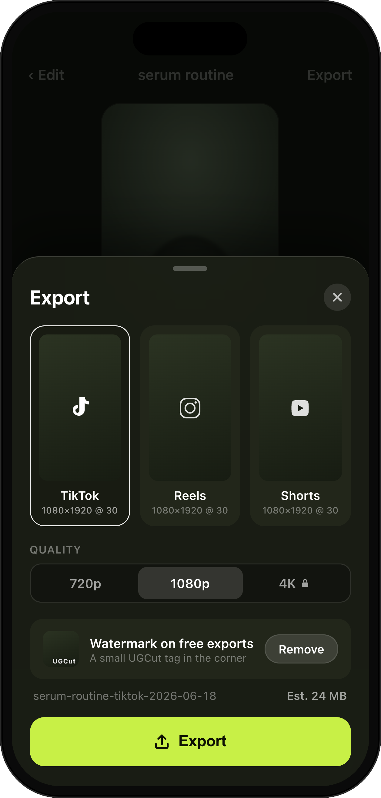 UGCut export sheet: TikTok, Reels and Shorts presets with a safe-zone preview, up to 4K.