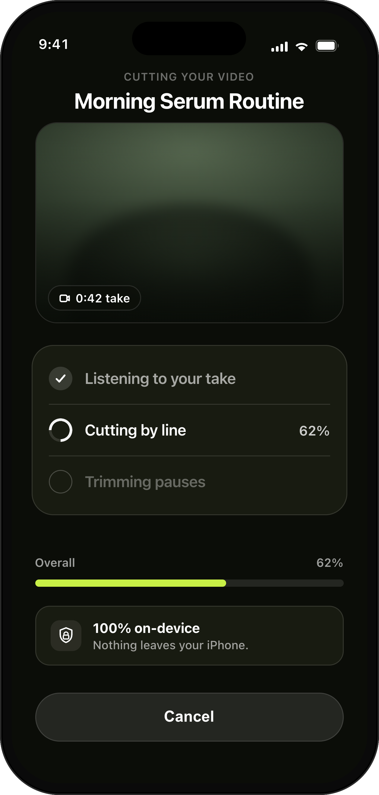 UGCut auto-cutting a take into clips per sentence, entirely on device, so creator content stays on your iPhone.