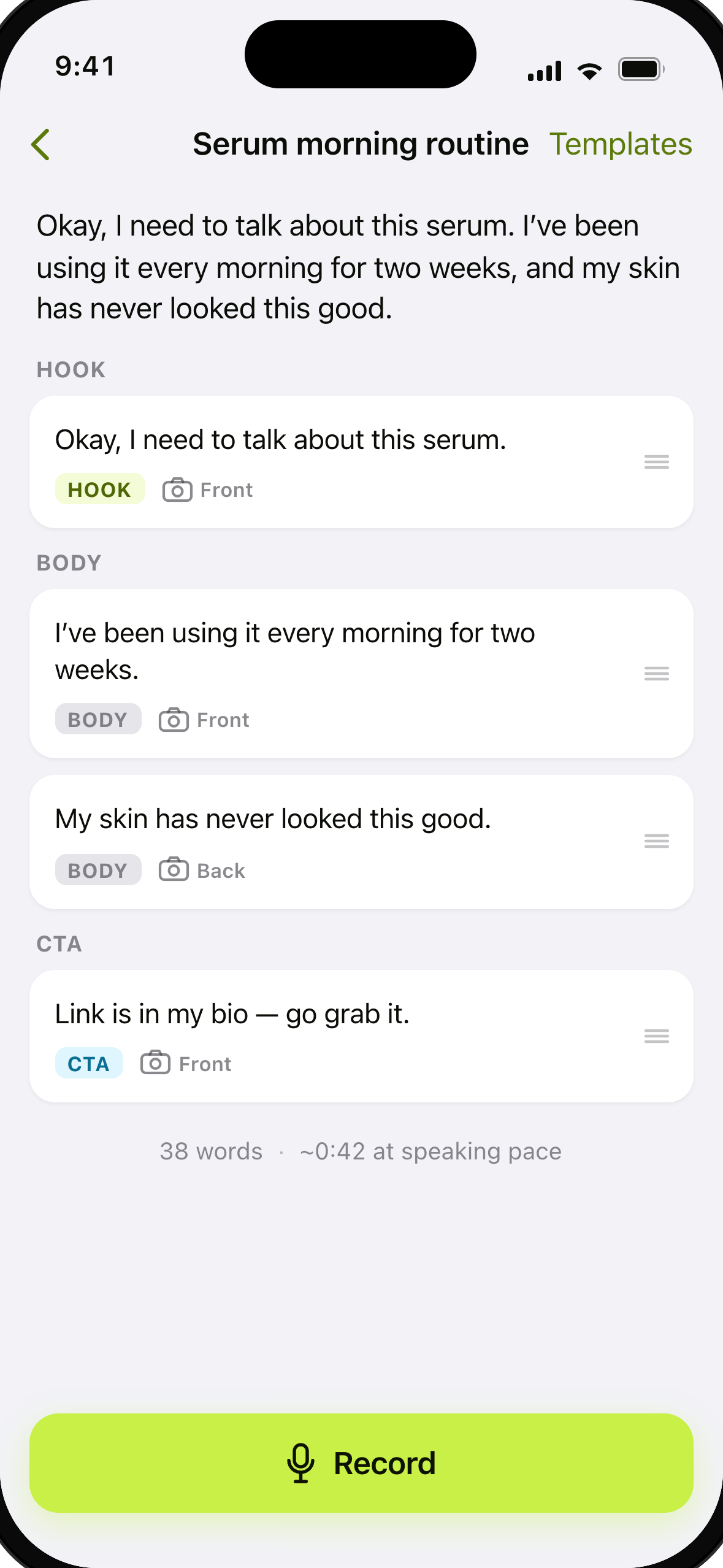 UGCut script editor showing a short script with Hook, Body, and CTA lines