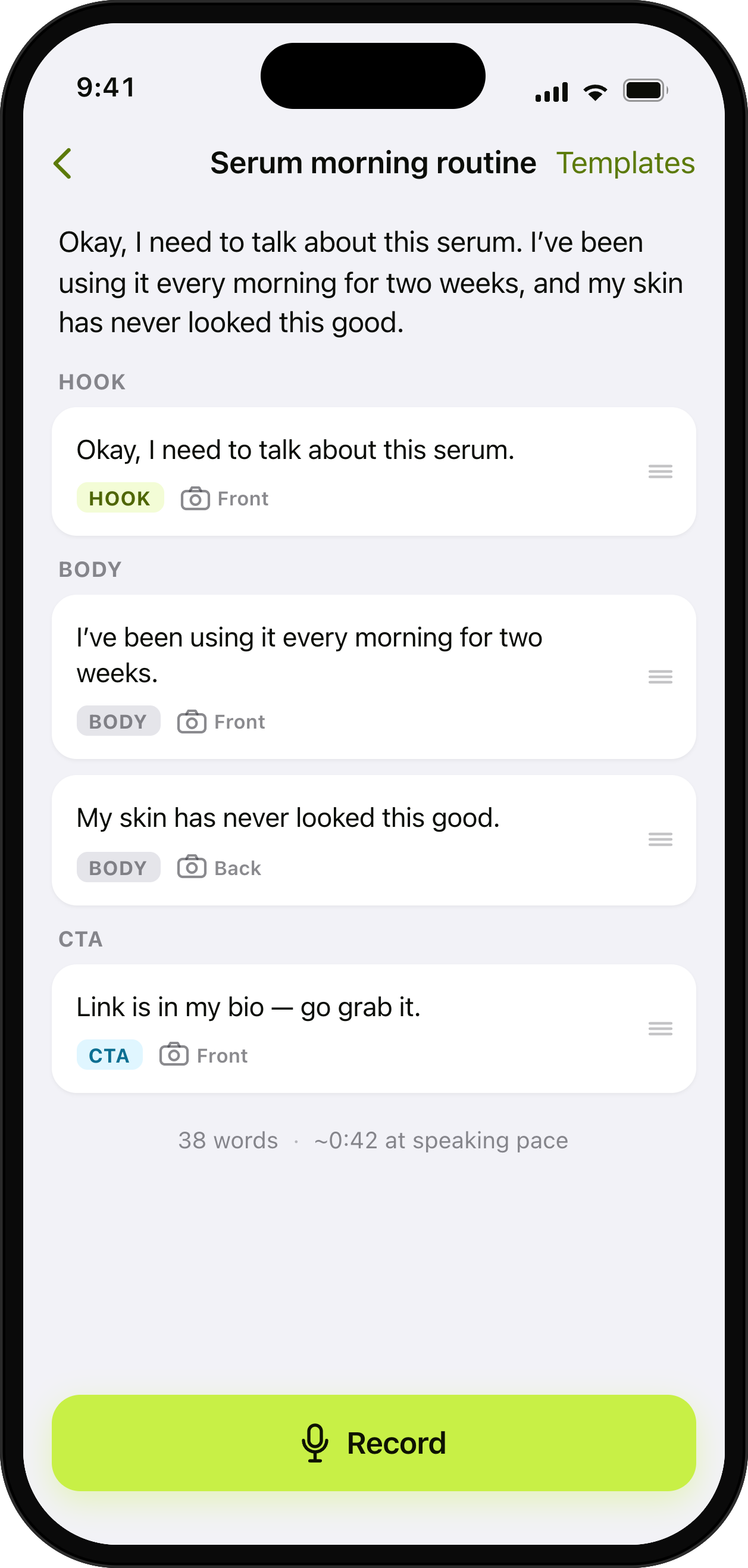 UGCut Script Editor, a script split into Hook, Body and CTA sentences with a Record button.