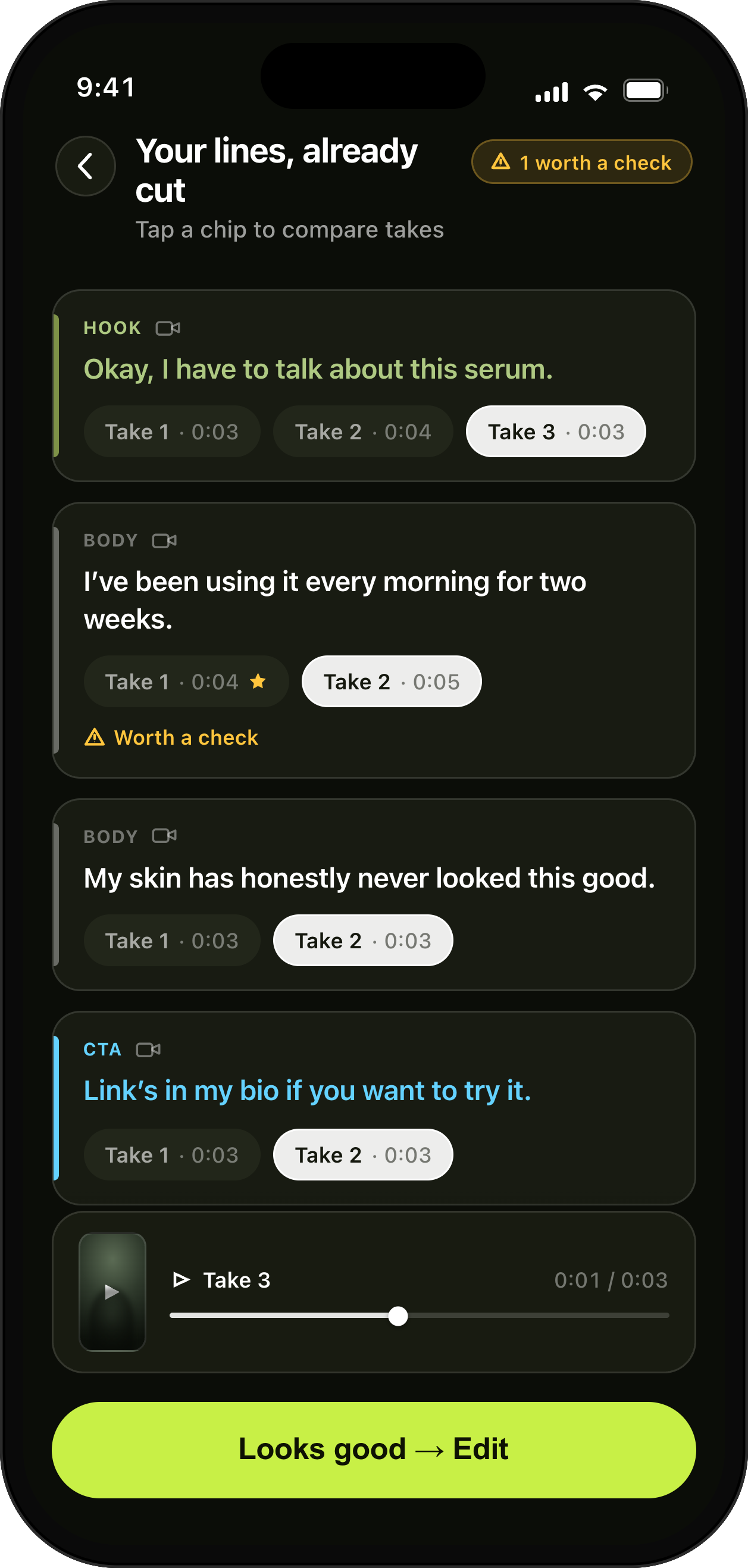 UGCut Takes Review, where you compare takes for each script line and pick the best, or re-record one line.