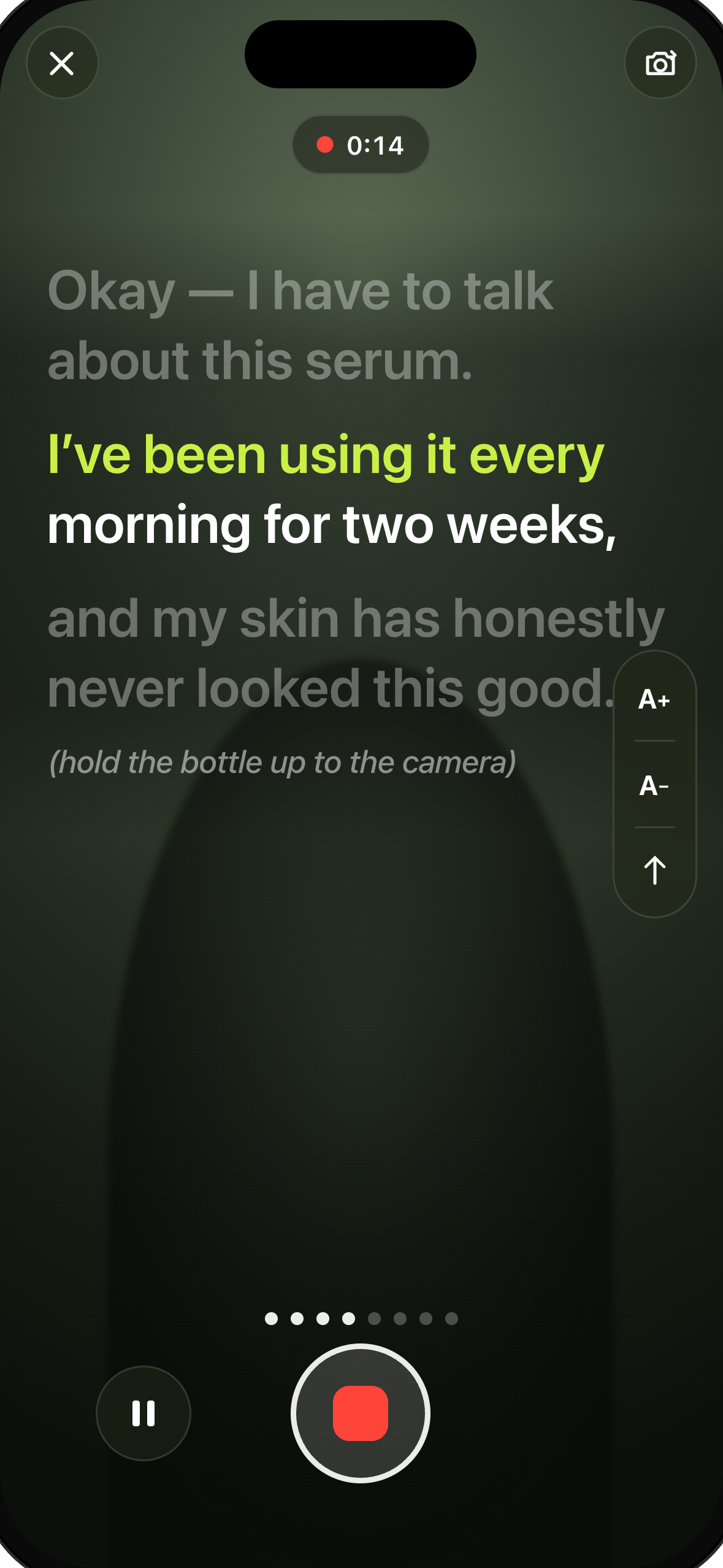 UGCut teleprompter screen displaying the current script sentence during recording