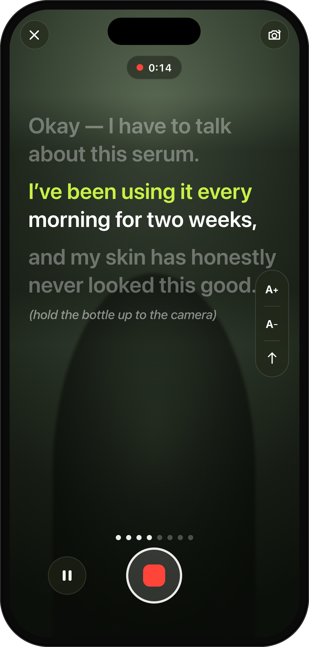 UGCut teleprompter recording, the current sentence highlighted as it follows your voice.