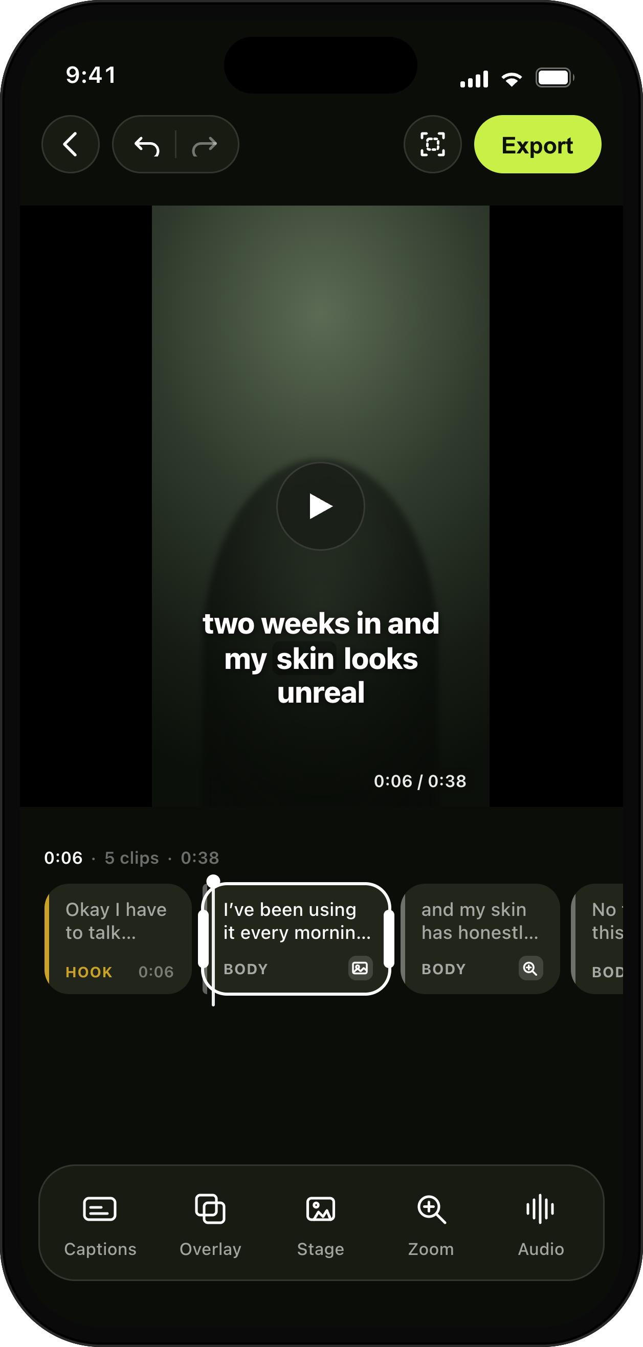 UGCut sentence-block timeline editor: trim, reorder and caption without a freeform timeline.